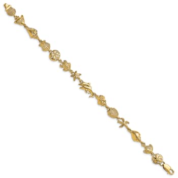 14k Yellow Gold Textured Nautical Combination with Dolphins Link Bracelet