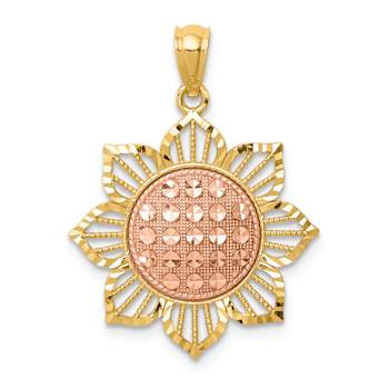 14k Two-tone Gold Diamond-Cut and Textured Sunflower Pendant