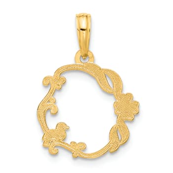 14K Yellow Gold Polished Floral with Bird Circle Pendant