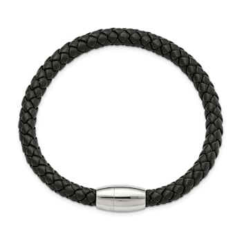 Black Leather and Stainless Steel Polished 8.5-inch Bracelet