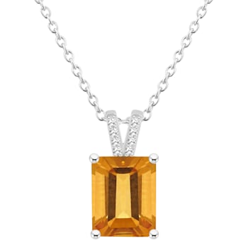 10x8mm Emerald Cut Citrine With Diamond Accents Rhodium Over Sterling
Silver Pendant with Chain