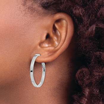 Rhodium Over 14k White Gold Polished 1 3/8" Square Tube Round Hoop Earrings