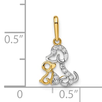 14K Two-tone Gold With White Rhodium Cubic Zirconia Dog and Puppy Pendant