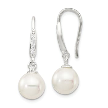 Rhodium Over Sterling Silver 7-8mm Shell Pearl and CZ Dangle Earrings