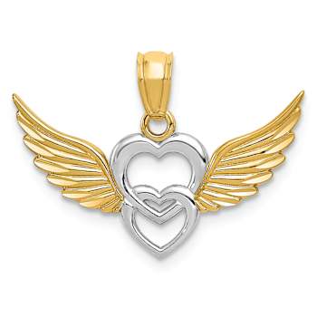 14k Two-tone Gold Polished and Textured Hearts with Wings Pendant