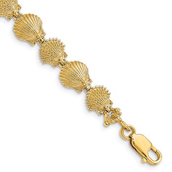 14k Yellow Gold Polished and Textured Scallop Shell link Bracelet
