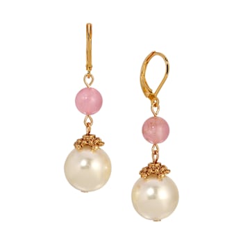 Gold Tone Pink & Faux Pearl Bead Drop Earring