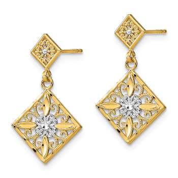 14k Two-tone Diamond-Cut Square Filigree Dangle Earrings