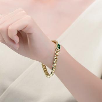 Green CZ Halo Cluster Curb Chain Bracelet In 14K Gold Over Brass