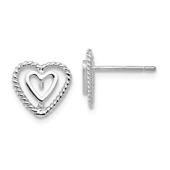 Rhodium Over 14k White Gold Textured 9mm Heart Stud Earrings