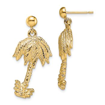 14K Yellow Gold Textured Palm Tree Dangle Earrings