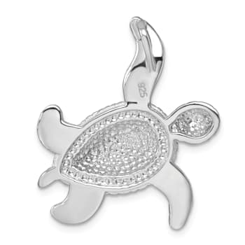 Rhodium Over Sterling Silver Polished Blue Crystal Turtle Chain Slide Pendant