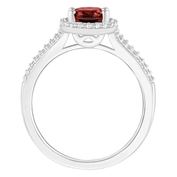 8x6mm Oval Garnet 1/4 ctw Diamond Rhodium Over Sterling Silver Halo Ring
