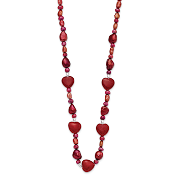 Sterling Silver Red Jadeite and Freshwater Pearl Heart Necklace