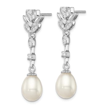 Rhodium Over Sterling Silver  8-9mm White FWC Pearl Cubic Zirconia Post
Dangle Earrings