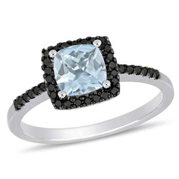 Aquamarine and Black Diamond 10K White Gold Halo Ring 0.99ctw