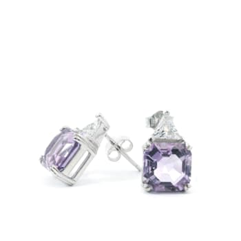 Purple Amethyst and White CZ Octagon Stud Sterling Silver Earrings