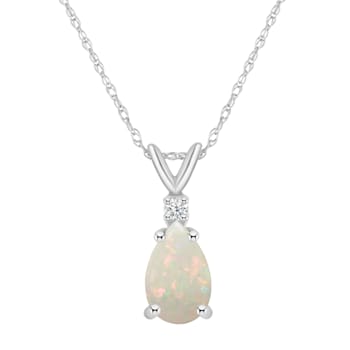 8x5mm Pear Shape Opal with Diamond Accent 14k White Gold Pendant With Chain