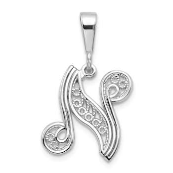 Rhodium Over 14k White Gold Solid Polished Script Filigree Textured
Letter N Initial Pendant