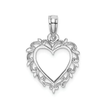 Rhodium Over 10K White Gold Textured Heart with Lace Trim Charm