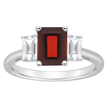 8x6mm Emerald Cut Garnet And White Topaz Rhodium Over Sterling Silver
3-Stone Ring