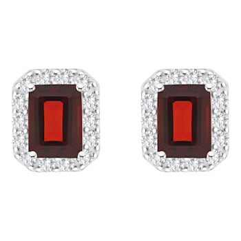 8x6mm Emerald Cut Garnet And White Topaz Accent Rhodium Over Sterling
Silver Halo Stud Earrings