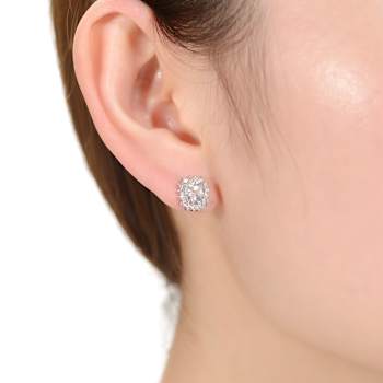Square CZ Halo Stud Earrings In White Rhodium Over Brass