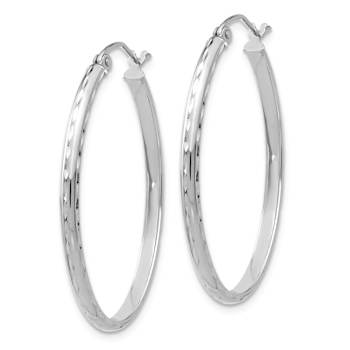 Rhodium Over 14k White Gold 1 3/8" Diamond-Cut Oval Hoop Earrings