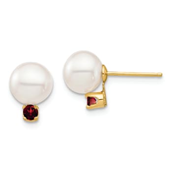14K Yellow Gold 7-7.5mm White Round Freshwater Cultured Pearl Garnet
Post Earrings