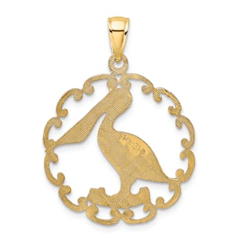 14k Yellow Gold Textured Pelican In Circle Charm
