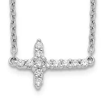 Rhodium Over 14K White Gold Lab Grown Diamond Sideways Cross 18 Inch Necklace