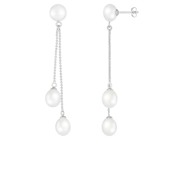 7-9mm White Cultured Freshwater Pearl Rhodium Over Sterling Silver Earrings