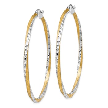 14k Two-tone 1 15/16" Diamond-Cut and Satin Twist Hoop Earrings