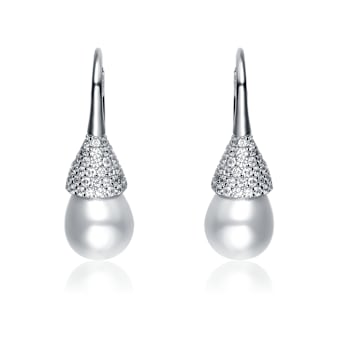 Pear Shape CZ And Pearl Drop Earrings In Sterling Silver