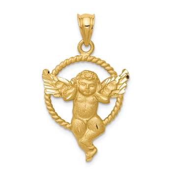 14k Yellow Gold Satin and Diamond-Cut Angel in Circle Pendant