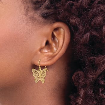 14K Yellow Gold Textured Butterfly Dangle Earrings