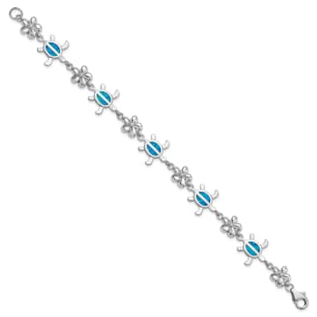 Rhodium Over Sterling Silver 7 Inch Lab Created Opal Tortoise with
Flower Bracelet