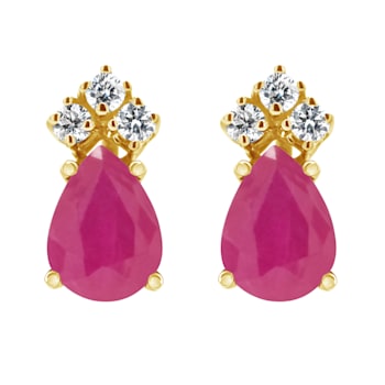 6x4mm Pear Shape Ruby with Diamond Accents 14k Yellow Gold Stud Earrings