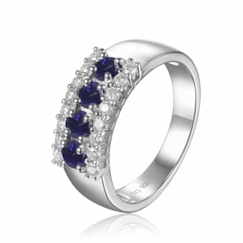 Oval Blue Sapphire and Round Moissanite Sterling Silver Wide Band Ring