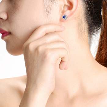 Sapphire Color CZ Halo Stud Earrings In Rhodium Over Brass