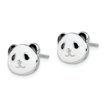 Rhodium Over Sterling Silver Enamel Panda Child's Post Earrings