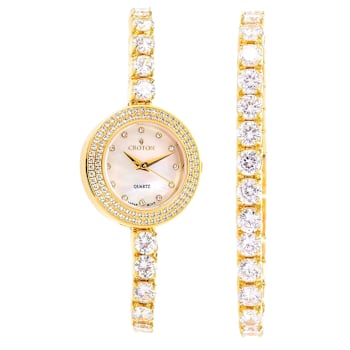 Croton Svelte Gold Tone Bolero Cubic Zirconia Watch and Bracelet Set