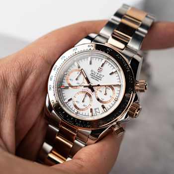 Duxot Accelero White Dial Rose Bezel Two-tone Stainless Steel Band
Chronograph Watch