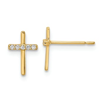 14k Yellow Gold Cubic Zirconia Cross Stud Earrings