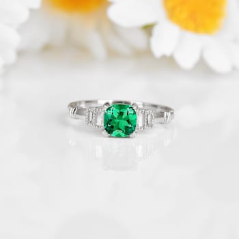 Green Lab Created Emerald and Moissanite Rhodium Over Sterling Silver
Center Design Ring