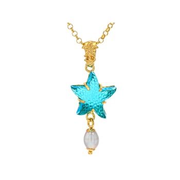 Blue Venetian Glass And Pearl Starfish Pendant In 18K Gold Over Sterling Silver