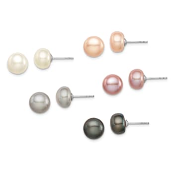 Rhodium Over Sterling Silver 8-9mm Freshwater Cultured Pearl Button Stud
Earring Set