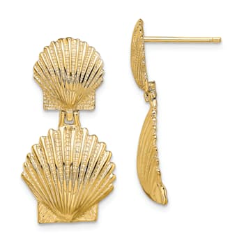 14k Yellow Gold Textured Double Scallop Shell Stud Earrings