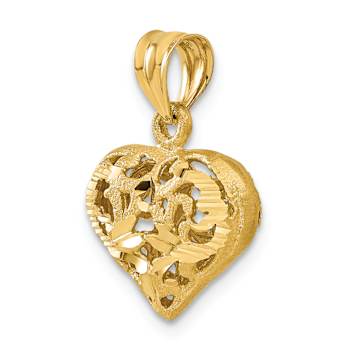 14k Yellow Gold Polished and Brushed 3D Filigree Puffed Heart Pendant