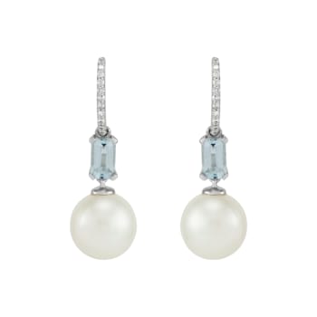 8-8.5mm Round White Freshwater Pearl, Aquamarine and Diamond Accents 14K
White Gold Drop Earrings